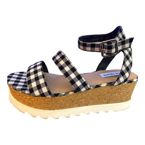Steve Madden Shoes - Steve Madden Platform Sandal Women 9M Black Kirsten Gingham Open Toe Wedge